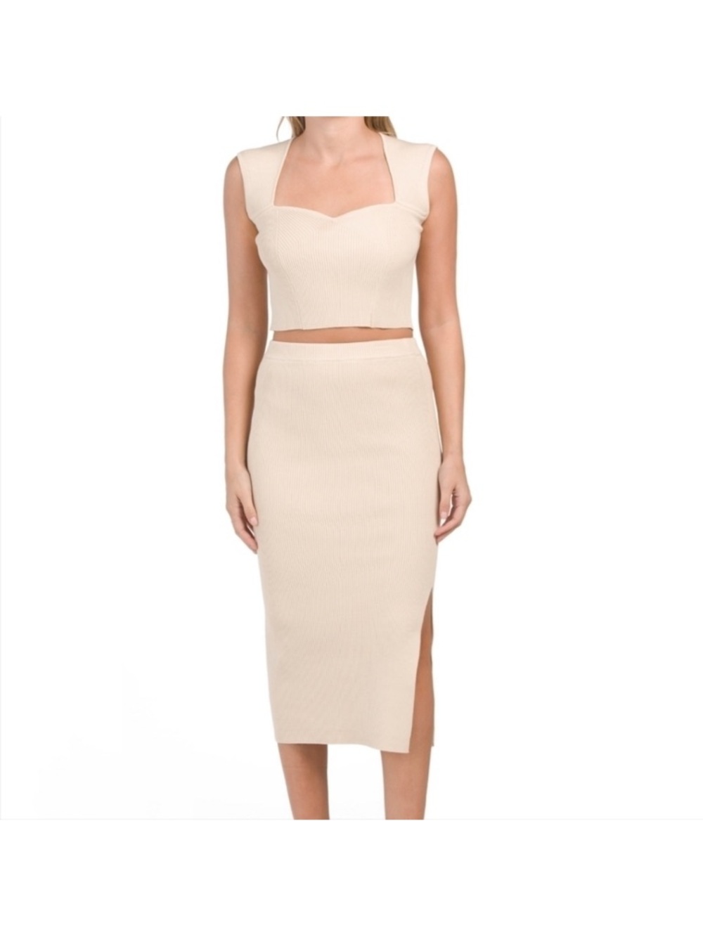 Revolve Ribbed house of Harlow two piece set Cream Ribbed Midi Skirt Womens set
